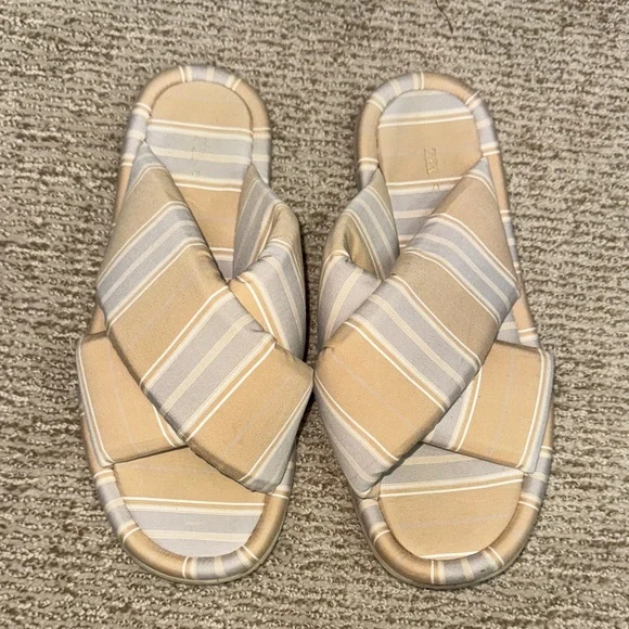 Zara fabric padded strap beige blue printed Striped sandals slides Shoes 41 - Picture 4 of 6